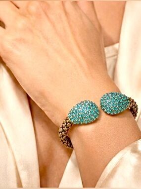🩵Turquoise Crystal Cuff | Gold Plate Woven Band Bracelet 🩵